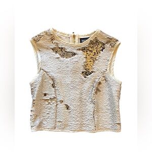 Vintage Gold & White Sequin Crop Top | Sleeveless | Full Zip Back | Party Glam